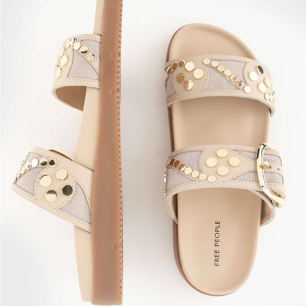 Free People Revelry Studded Slide Sandal In Plaster Gold Buckle Boho 8